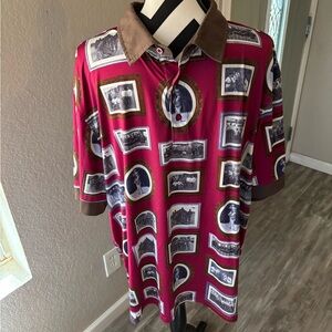 Vintage-Inspired Graphic Polo Shirt in Red and Brown